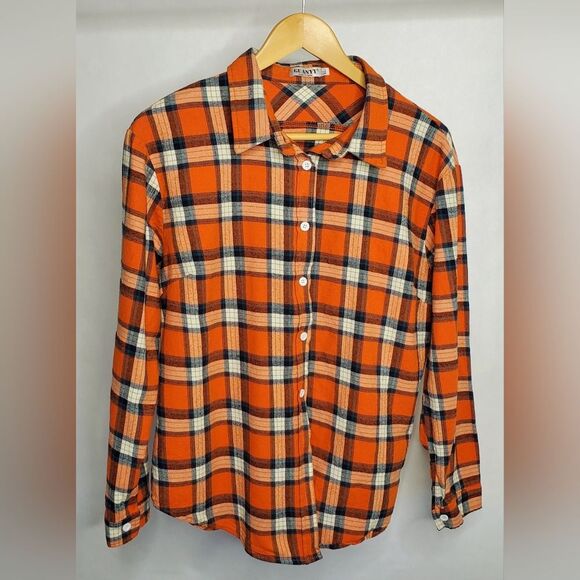 Men's Guanyy Plaid Shirt - Orange, Blue and White - XL (but see measurements) - Picture 1 of 4